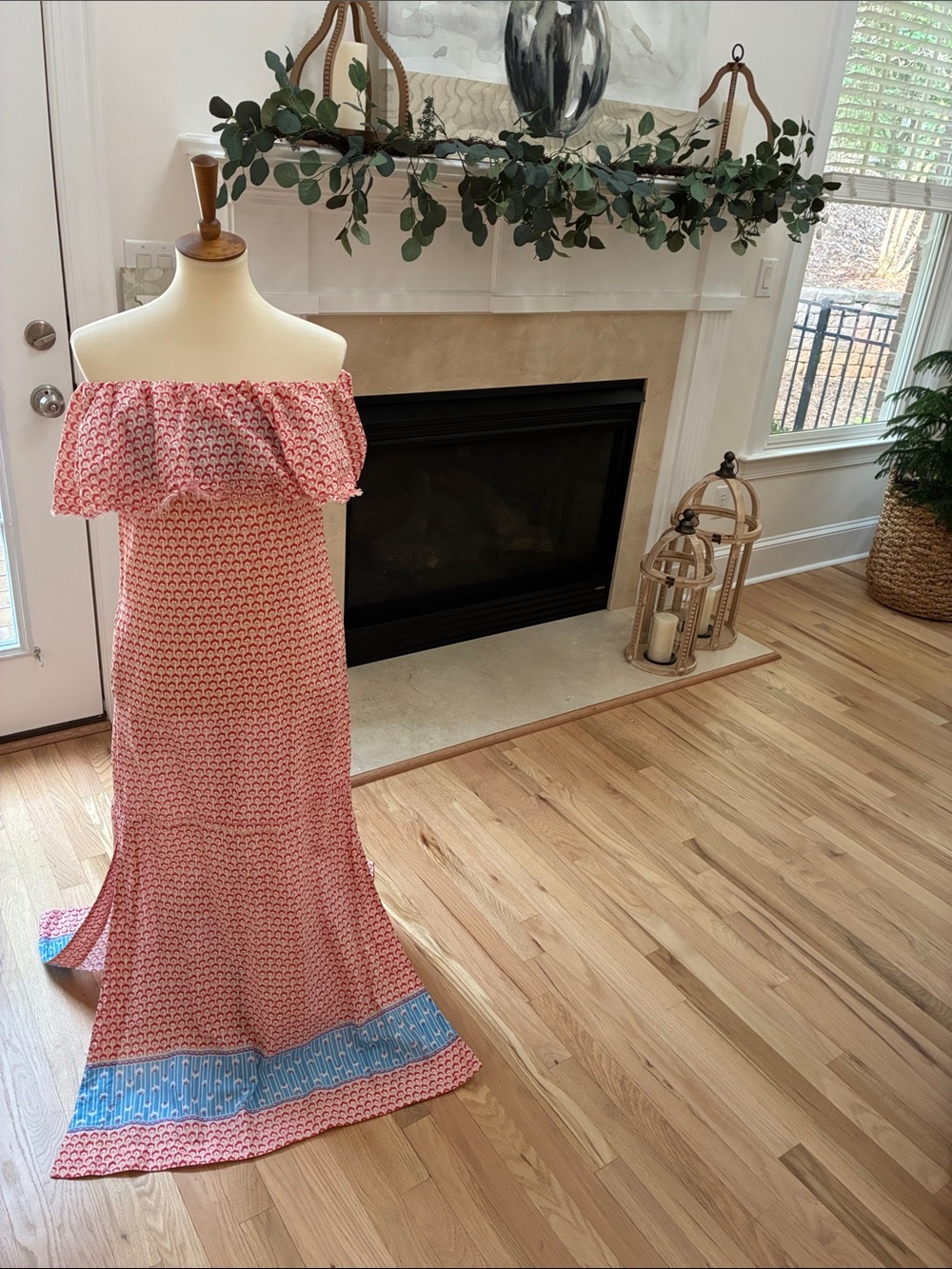 Off-Shoulder Pink Ruffle Maxi Dress with Blue Trim